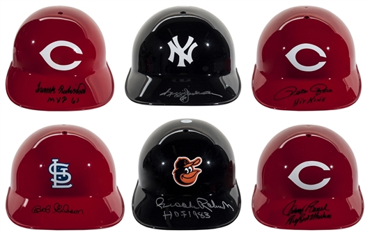 Lot of (6) MLB Single Signed Replica Helmets Includes Pete Rose, Johnny Bench, Reggie Jackson, Bob Gibson, Frank Robinson, and Brooks Robinson (PSA) 